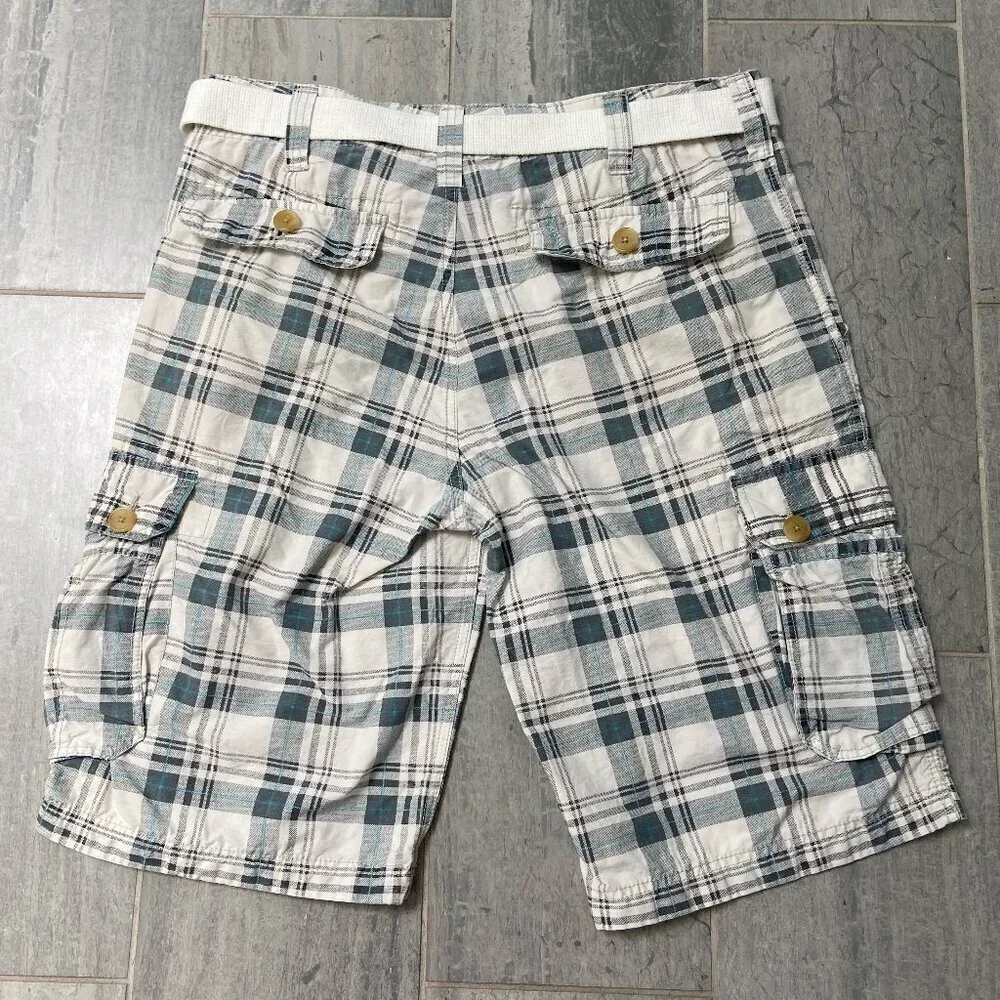 Wear First Flat Front Belted Cargo Shorts – Off‑White/Gray Plaid, Men’s Size 34